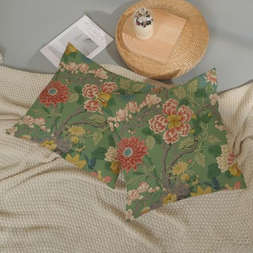 Chinoiserie Throw Pillow Covers 16x16 Inch 2 Pcs Sage Green Pink Floral Decor Pillow Covers Vintage Flower Spring Summer Outdoor Boho Decorative Pillowcase Linen Cushion Cover for Couch - color: Chinoiserie Green Pink Floral, size: 16" x 16" (Pack of 2)