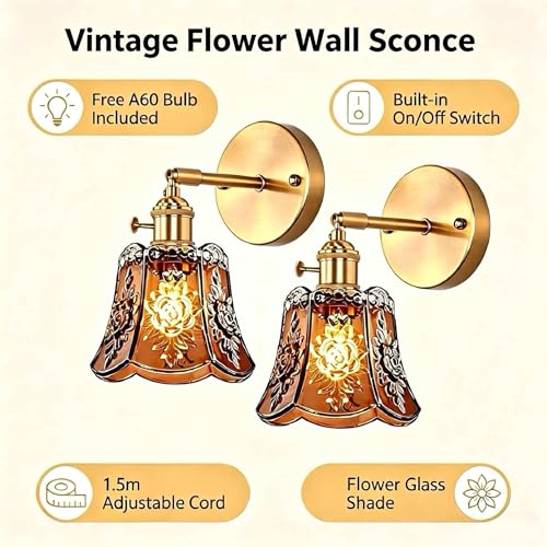 2 Pack Vintage Wall Sconces, Amber Wind Chime Glass Shade Wall Lamp with 2 Natural Light Bulbs, Hardwired Design with Rotary Switch, Decorative Light for Bedroom Hallway Living Room - color: Amber 2pcs Flower Wall Light