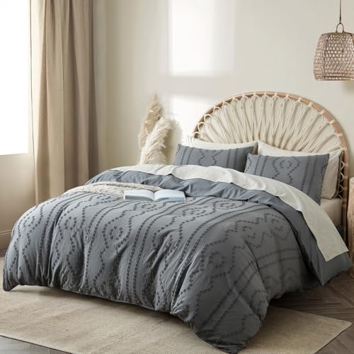 Duvet Cover King, 3PCS Boho Duvet Cover Set, Geometric Pattern Tufted Bohemian Comforter Cover Jacquard Knit Textured Bedding Set with Zipper Closure (Dark Grey) - color: Dark Grey, size: King