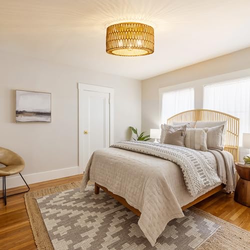 Rattan Ceiling Light Fixture, 3 Light Bohemian Modern Woven Ceiling Light, Boho Flush Mount Ceiling Light for Bedroom Living Room Dining Room, Bulb NOT Included - color: Gold, size: 3-Light-Round