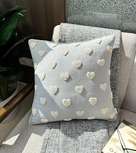 VAGMINE Hand Embroidered Heart Tufted 18x18 Throw Pillow Cover - Blue Grey Cotton Square Cushion for Sofa Couch Bed Nursery - Boho Valentine Decor - French Knots - color: Robins Egg-french Knots, size: 18" x 18" (Pack of 1)