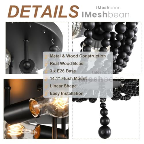 Black 14.1 inch Boho Chandelier,3-Light Wood Beaded Chandelier Light Fixture Bohemia Draped Bead Chandelier, Flush Mount Ceiling Light Fixture for Dinning Room Bedroom Hallway - color: Black 14.1"