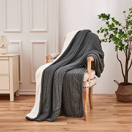 Longhui bedding Acrylic Cable Knit Sherpa Throw Blanket - Thick, Soft, Big, Cozy Grey Knitted Fleece Blankets for Couch, Sofa, Bed - Large 50 x 63 Inches Gray Coverlet All Season - color: Grey, size: 50" x 63", Standard
