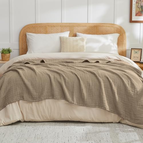 EMME Cotton Muslin Throw Blanket for Couch Breathable Gauze Soft Lightweight Blankets for Adults (Tan, 50"x60") - color: 03 - Tan, size: Throw (50" x 60")