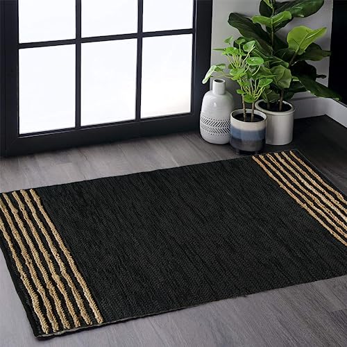GRUHUM Black Jute Area Rug 2x3ft - Natural Fiber Rectangular Black Leather Handwoven Boho Farmhouse Soft Braided Vintage Eco Friendly Rugs Indoor Living Room Kitchen Hallways Enterways Doormat 2x3 ft - color: Natural Black- 20, size: 2' x 3' (Rectangular)
