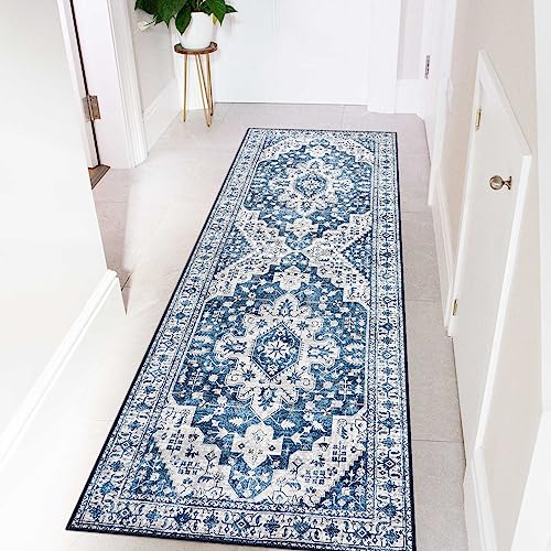 Moynesa Ultra-Thin Washable Runner Rug - 2x6 Blue Laundry Room Rug Washable Kitchen Runners Bathroom Carpet Runner, Oriental Printed Pet Friendly Hallway Runners for Bedroom Entrance Entryway RV - color: Blue, size: 2' x 6'