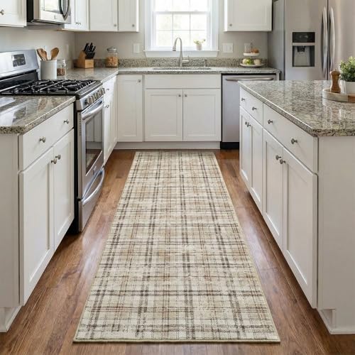Garvee Tartan Plaid Washable Rugs for Entryway 2x10 Runner Rug Non Slip Kitchen Rugs Indoor Modern Soft Bath Mat Low Pile Stain Resistant Carpet for Bedroom Hallway Laundry Living Room 2'x10' Beige - color: Plaid|beige, size: 2' x 10' (Runner)