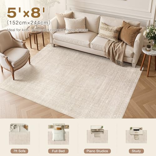 Nakagishi 5X8 Area Rugs Living Room: Washable Large Vintage Rug Neutral Non-Slip Soft Stain Resistant Indoor Carpet for Bedroom Nursery Dining Room Office Playroom - Beige - color: Beige, size: 5' x 8' (Rectangular)
