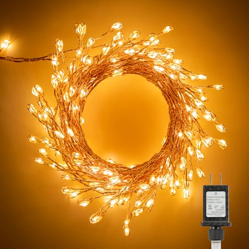 Minetom Fairy Lights Plug in, 10Feet 200LED Cluster String Lights, Copper Wire Waterproof Starry Firecracker Lights for Ceiling Bedroom Wreath Window Wedding Christmas Tree Decorations, Warm White - color: Warm White, size: 1 Pack(200LED)