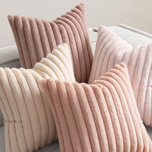 MIULEE Faux Fur Plush Decorative Throw Pillow Covers 20x20 Set of 4, Valentine's Day Cute Modern Soft Romantic Fuzzy Striped Cushion Covers Girl for Sofa Couch Bed Living Room Cozy Home Decor,Pink - color: Pink, size: 20" x 20" (Pack of 4)