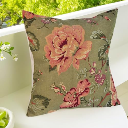 Jacquard Woven Floral Pillow Cover | Vintage Style Botanical Tapestry Cushion Case for Sofa Couch Bed Decor | Country Cottagecore Home Accent Throw Pillow Sham 18x18 Inch (Florals on Green Background) - color: Florals on Green Background