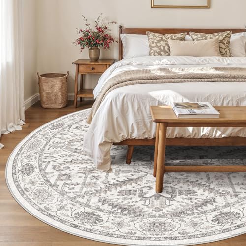 8x8 Round Area Rugs for Living Room-Washable Soft Large Vintage Rug Non-Slip Stain Resistant Traditional Stain Resistant Indoor Floor Low Pile Carpet for Bedroom Dining Room or Home Office- White - color: White, size: 8' x 8'