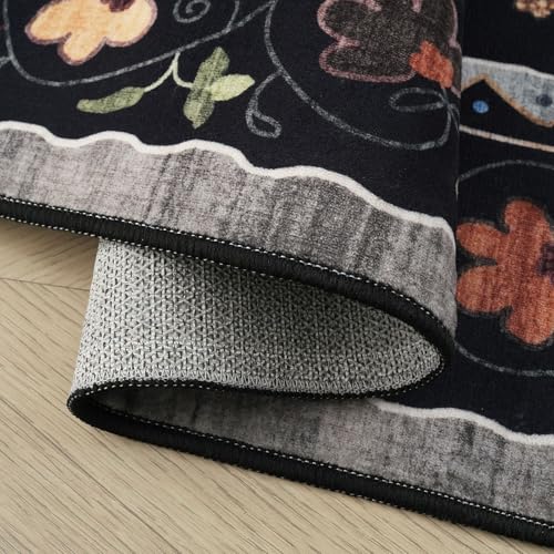 Rugcomf 2x5 Runner Rug - Floral Cat Machine Washable Kitchen Rug, Non-Slip Low Pile Boho Carpet for Hallways, Laundry, Entryway, Bedroom, Bathroom - Black - color: Black/Cat, size: 2' x 5' (Rectangular)