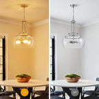 WUZUPS Chandelier Rustic Farmhouse Industrial Round Ceiling Pendant LED Light Fixture Clear Seeded Glass Shade for Dining Room Kitchen Island Foyer Entryway, H 20.9" x W 15.9", Brushed Nickel - color: Pendant Light, Brushed Nickel, 3-Light, size: H 20.9"