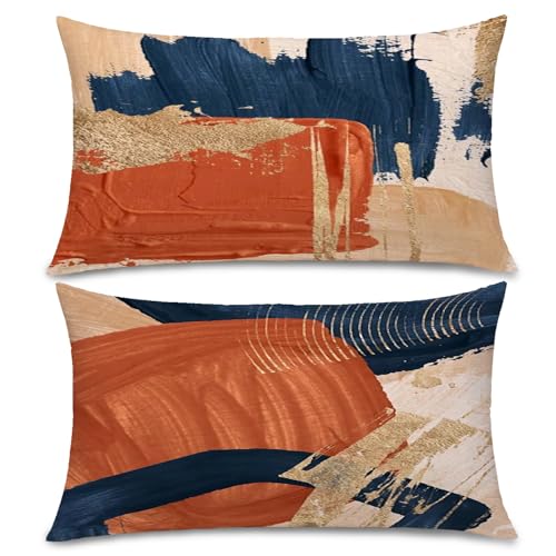 Navy Blue Terracotta Gold and Orange Throw Pillow Covers 12x20 Set of 2,Modern Boho Abstract Art Pillow Covers for Bedroom Living Room, Modern Home Decor, Boho Room Decor - size: 20" x 12" (Pack of 1)