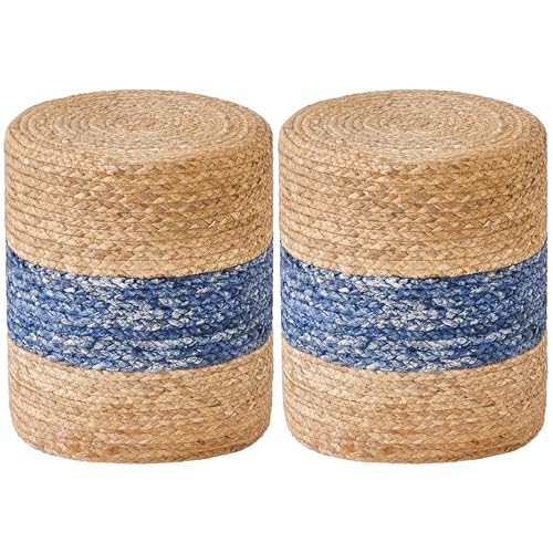 Wimarsbon 2Pcs Pouf Ottomans, Natural Seagrass Foot Stool, Hand Weaving Round Ottoman, Boho Decorative Seat, Jute Braided Pouffe Poof Accent Sitting Footrest for Living Room (Blue-2) - color: 14inch Water Hyacinth Braid & Blue Corn Shell