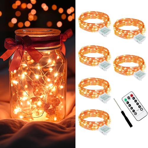 AIKEI 6 Pack LED Fairy Lights with Timer Battery Operated, Mini String Lights with Remote Waterproof 7ft 20 Led Firefly Starry Lighting for Wedding Party Bedroom Garden Christmas Decoration Orange - color: Orange, size: 6PCS-REMOTE