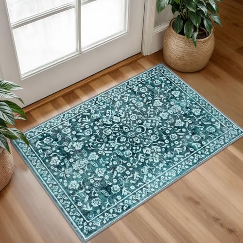 Vintage Entryway Rug Indoor, Teal Washable Rug 2x3, Small Area Rug with Non-Slip Backing, Floral Print Thin Faux Wool Super Soft Door Mat for Kitchen, Entrance, Bedroom, Office - color: Vintage Teal, size: 2' x 3' (Rectangular)