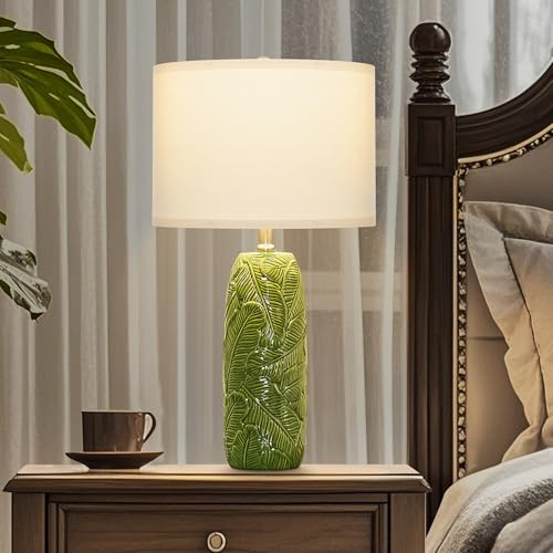 EUO 25” Green Lamps Set of 2 with Leaves Design for Living Room, Bedroom, Retro Ceramic Table Lamps for Nightstand Set of 2 - color: Green-L
