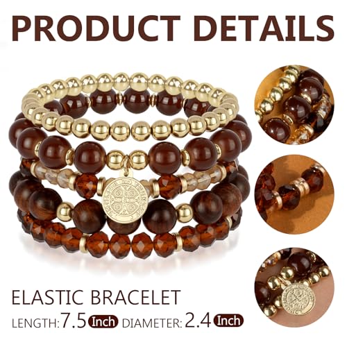 Bohemian Natural Stone Beaded Bracelets for Women Men Stackable Stretch Beads Bracelet Set with Charm and Tassel Multilayered Elastic Gemstone Bracelets Summer Beach Boho Jewelry Gift for Women - color: brown