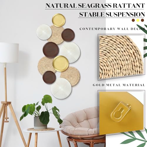 Yuntau 11 Pcs Boho Metal Wall Decor Rattan Golden Wall Art with Boho Basket Macrame Hanging Decor Rustic Farmhouse Artwork for Home Living Room Bedroom Office White Brown Decorations