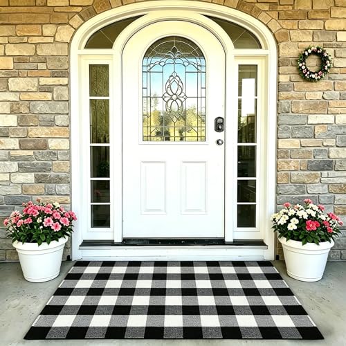 MUBIN Cotton Buffalo Plaid Rug, 3' x 5' Black and White Outdoor Rug Front Door Decorative Mat, Washable Doormat Foldable Area Rug Layered Door Mats Rug for Front Porch, Entryway, Patio - color: Black White Plaid, size: 3' x 5' (Rectangular)