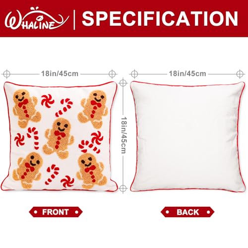 Whaline 2 Pcs Christmas Tufted Throw Pillow Covers Xmas Red White Gingerbread Man Candy Cane Pillowcase Winter Pillowslip Cushion Cover for Sofa Couch Bed Home Party Decor, 18 x 18 Inch