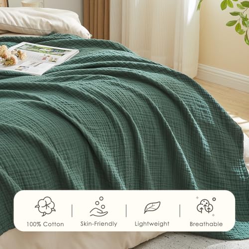 EMME Cotton Muslin Throw Blanket Forest Green 50"x60" Couch Breathable Gauze Blanket Soft Lightweight - color: 09 - Forest Green, size: Throw (50" x 60")
