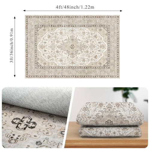 Washable Small Oriental Entryway Rug: 3x4 Indoor Area Rugs for Kitchen Sink - Ultra Thin Low Pile Stain Resistant Mat - Home Decor for Vintage Style Lover - 3x4 Ivory - color: Ivory, size: 3' x 4' (Rectangular)