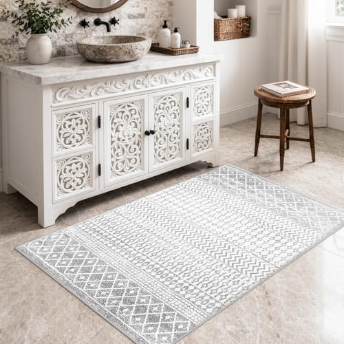 Boho Rug for Bedroom, 3x5 Ivory Gray Moroccan Vintage Non-Slip Backing Area Rug, Machine Washable Low-Pile Front Door Mat Kitchen Rugs for Living Room Laundry Dinning Room - color: Ivory / Gray, size: 3' x 5' (Rectangular)