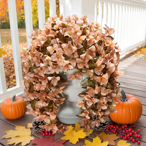 Bougainvillea Artificial Flowers Plants for Outdoors Outside Fall Autumn Decoration, 2 pcs Faux Silk Long Trailing Vines UV Resistant Look Real Brown Fake Flowers for Front Door Porch Planter Urn Yard - color: Fall Brown