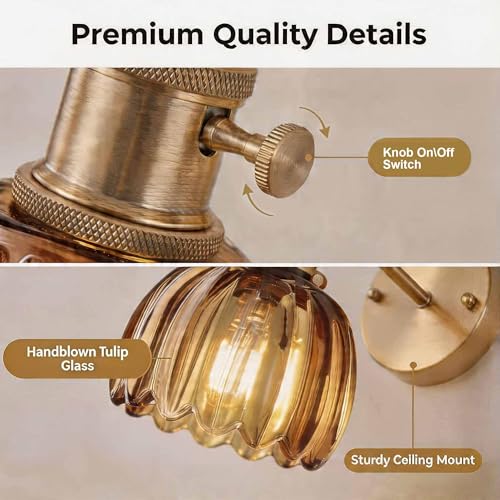 2 Pack Vintage Wall Sconces, Amber Tulip Glass Shade Wall Lamp with 2 Natural Light Bulbs, Hardwired Design with Rotary Switch, Decorative Light for Bedroom Hallway Living Room - color: Amber 2pcsTulip Wall Light
