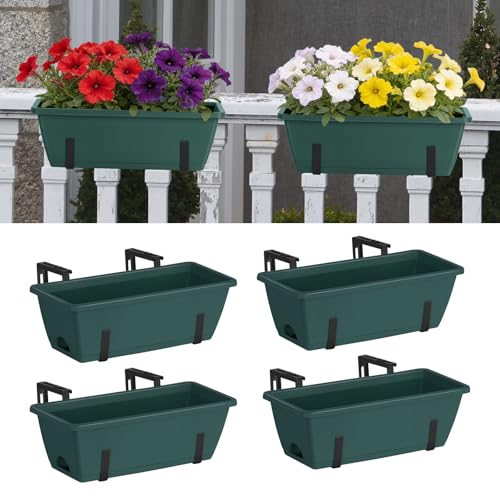 CADUKE 4 Pack Railing Planter Box 16.9 Inches Window Flower Boxes with Metal Brackets Balcony Planters Railing Hanging Fence Planter Plastic Outdoor Deck Railing Planter Boxes, Green - color: Green