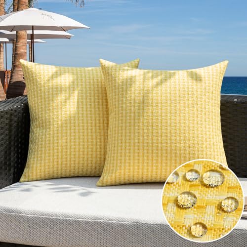 Kevin Textile Outdoor Waterproof Throw Pillow Covers Pack of 2 Weaving Texture Water Resistant Outside Decorative Cushion Covers for Garden Patio Tent Balcony Bench Couch Sofa 16x16 Inch, Yellow - color: Yellow, size: 16" x 16" (Pack of 2)