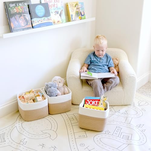 NaturalCozy Storage Cubes 9”x9”x7”Cotton Rope Woven Baskets for Organizing 3-Pack | 9 Inch Cube Storage Bin | Small Basket for Shelf Nursery, Pantry, Decorative Plant, Bathroom Closet, Toy Gift - color: Off White & Tan Brown