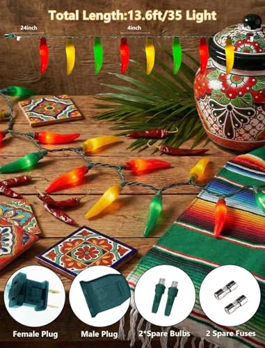 35 LED Multicolor Chili Pepper Lights, 13.6Ft Christmas Outdoor String Lights with Warm White Bulbs, Plug in Fairy Lights for Party Kitchen Patio Garden Decor, Cook Off Decorations for Cinco De Mayo - color: Multicolor Chili Pepper