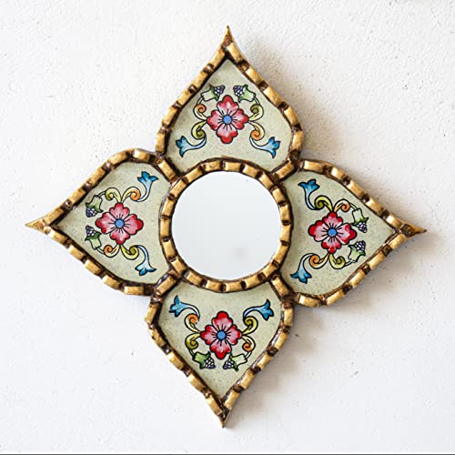 Peruvian Mirrors Diamond Shaped Painted Glass Bronze Beige | Small artisan mirror, luxury wall decor accents, unique wedding gifts, meticulously handcrafted by UNESCO awarded artist. - color: Beige