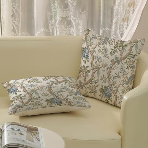 Chinoiserie Throw Pillow Covers 16x16 Inch 2 Pcs Vintage Blue Green Floral Bird Decor Pillow Covers Flower Outdoor Seasonal Farmhouse Decorative Pillowcase Linen Cushion Cover for Couch Sofa - color: Chinoiserie Sage Green Blue Floral Bird, size: 16" x 16