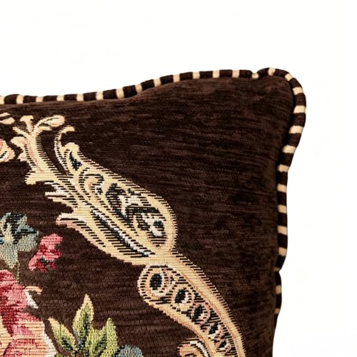 Set of 2 Vintage Floral Throw Pillow Covers 18x18 Inch, Brown Chenille Embroidered Cushion Cases, Decorative Euro Shams for Couch Sofa Bed Farmhouse Home Decor - color: Brown