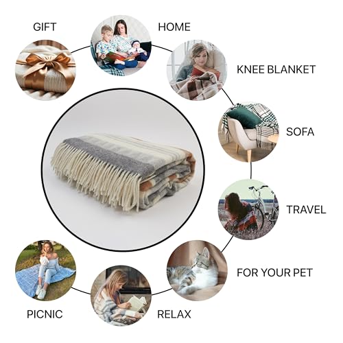 | Wool Blanket/Throw | 100% New Zealand Wool | Perfect for Home and Outdoors | Virgin Wool Throw with Fringes 67"x79" (170 x 200 cm) - color: Beige/Gray/Milky, size: Queen