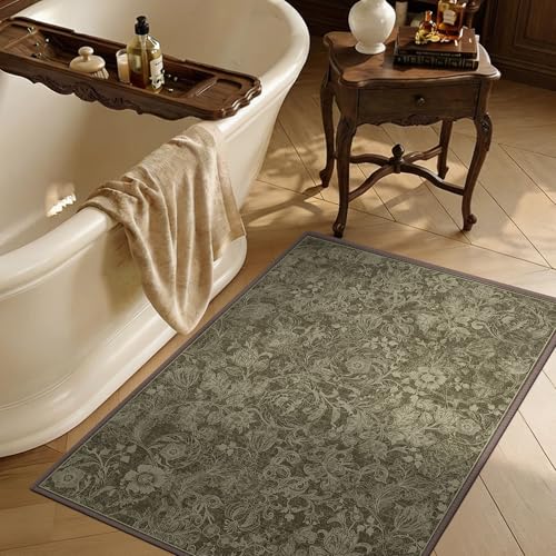 Washable Floral Area Rug 2x3, Vintage Farmhouse Botanical Rug, Non Slip Low Pile Thin Floor Soft Small Accent Rug for Entryway Bedroom Living Room Kitchen Doorway Stain Resistant Coffee - color: Coffee, size: 2'x3'