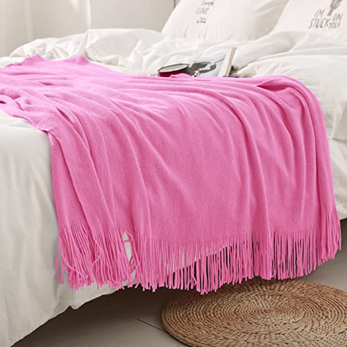 Homiest Decorative Knitted Throw with Fringe, Lightweight Acrylic Knit Blanket - Soft & Cozy Tassel Blanket for Couch, Sofa, Bed (Hot Pink, 50 x 60 Inch) - color: Hot Pink, size: 50" x 60"