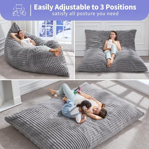 Hobestluk 3 in 1 Bean Bag Chair Giant Bean Bag Chairs Convertible Bean Bag Floor Cushion with Machine Washable Cover, Beanbag Chairs for Adult (Grey) - color: Grey