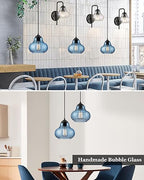 ELYONA 2 Pack Bubble Glass Pendant Lights 8 inch Modern Blue Hand Blown Globe Glass Pendant Lighting Hanging Light fixtures for Kitchen Island Dining Room Bar Bedroom Living Room - color: Blue-2 Pack