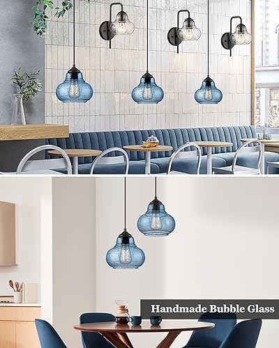 ELYONA 2 Pack Bubble Glass Pendant Lights 8 inch Modern Blue Hand Blown Globe Glass Pendant Lighting Hanging Light fixtures for Kitchen Island Dining Room Bar Bedroom Living Room - color: Blue-2 Pack
