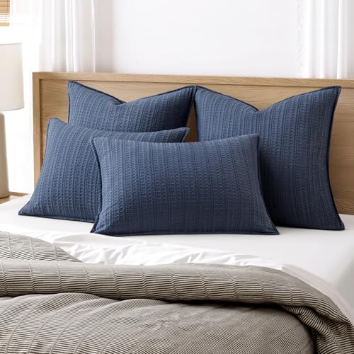 100% Cotton Waffle Pillow Shams Standard Size, 2 Pack 20x26 Decorative Pillow Covers for Bed Couch Sofa, Neutral Weave Cushion Cases Modern Farmhouse Home Decor, Navy Blue - color: Navy Blue, size: 26" x 20" (Pack of 2)