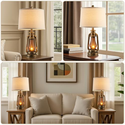 25" Set of 2 Rustic Lantern Table Lamps for Living Room Bedroom, 2 USB Ports Farmhouse Vintage Bedside Desk Lamp Nightlight for Entryway Office End Table, 4 Bulbs Included - color: Brass Color - 25'' Lantern Lamps