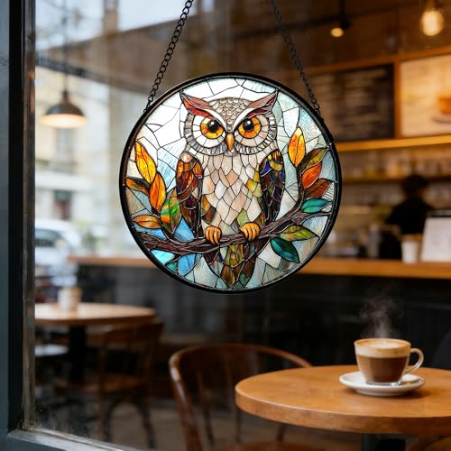 DASTOLL Stained Glass Window Hanging, Owl Colorful Leaves Birds Sun Catchers Diamond Glass Panel Hangings Suncatcher Decor for Birthday for Women, Men, Wife, Aunt, and Mom 9.8 in - color: Brown, size: 9.8x9.8 IN