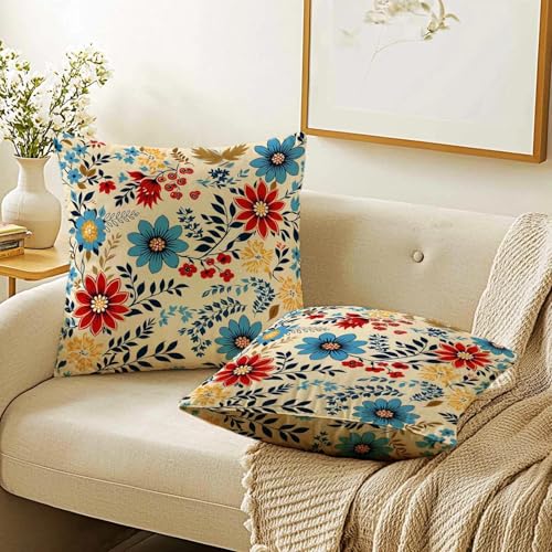 Firmiso Vintage Floral Throw Pillow Covers 18x18 Set of 2 | Flower Decorative Cushion Covers for Couch Sofa Bed | Classic Cottage Style Home Decor Pillow Cases | Beige Blue Red Yellow Accent - color: Boho Floral