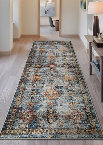 Bloom Rugs Washable Non-Slip 7 ft Runner - Blue/Orange Traditional Bordered Runner for Entryway, Hallway, Bathroom, and Kitchen - Exact Size: 2.5' x 7' - color: Blue / Orange, size: 2'6" x 7' (Runner)